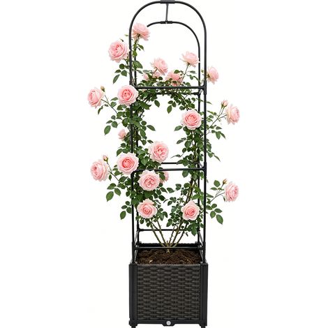 Jardinière avec treillis pour plantes grimpantes, 160 cm hauteur, texture en rotin, noir, bac de plantation avec support de grimpe, boîte de planteur pour jardin, terrasse et patio (1 compartiments, s (1/5)
