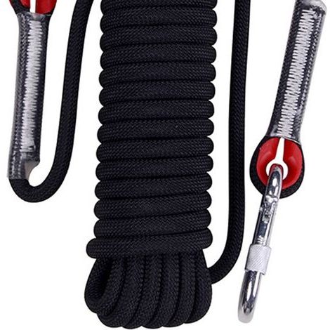 10 Meter langes schwarzes Kletterseil, 12 mm Durchmesser, mit doppelter Stahlschlaufe, geeignet zum Wandern und Campen.