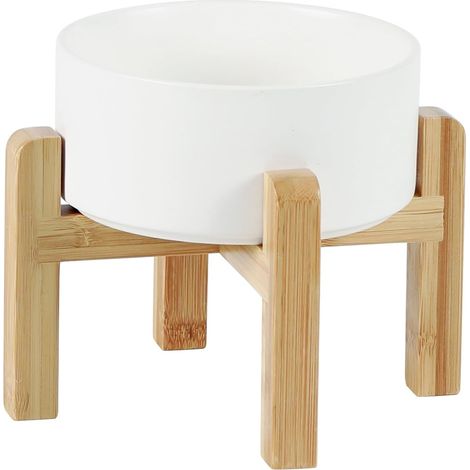 Gamelle Chat - Support Surélevé en Bambou avec Pieds Antidérapants - Bol Céramique Alimentaire - Pour Chats Chiens Lapins - Lot de 1 (1/5)
