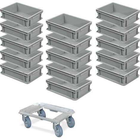 BRB 15er Spar-Set Euro-Behälter Plus Transportroller, 400x300x120 mm in Farbe grau Industriequalität lebensmittelecht (1/2)