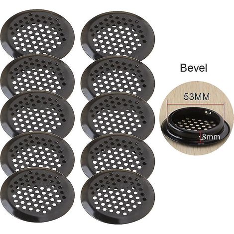 Lot de 10 grilles d'aération circulaires noires de 19 à 53 mm pour soffite, en acier inoxydable, à persiennes inclinées (53 mm). (1/5)