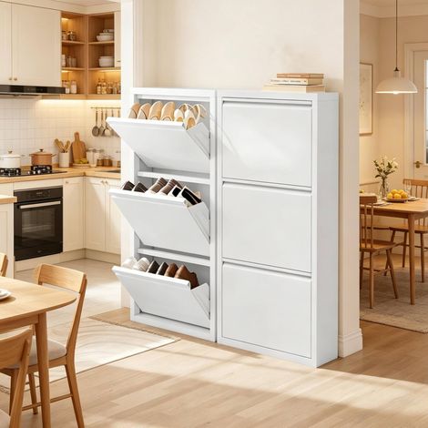 Scarpiera in metallo bianco, set da 2, 3 ribalte, salvaspazio 50 x 15 x 106 cm (1/5)