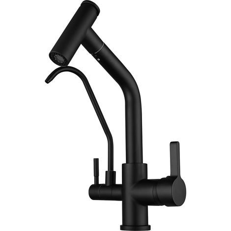 Grifo mezclador de cocina S-giant de 3 vías con rociador extraíble y 2 caños, giratorio 360°, de latón, compatible con fregaderos de cocina para agua potable (negro). (1/5)