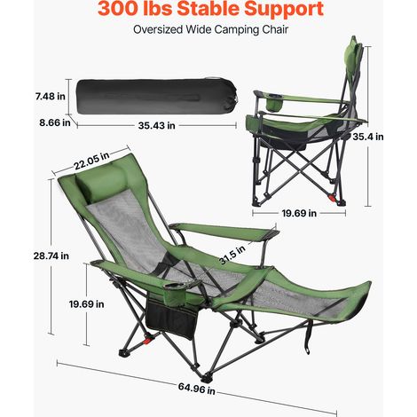 Chaise de Camping Pliante, 4 Positions Réglables, Chaise Longue Inclinable Portable pour Adultes, avec Repose-pieds, Appui-tête, Ti… (1/5)