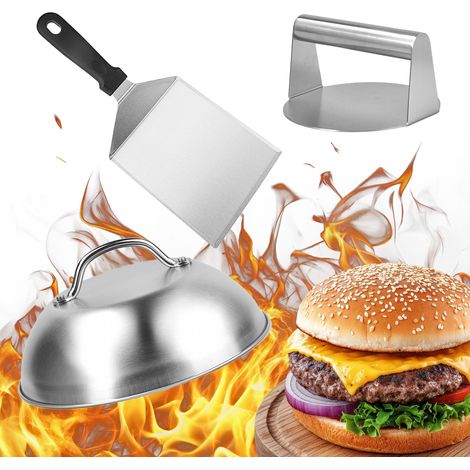 Relaxdays Smash Burger Set, 3-teilig, Burgerpresse mit Schmelzglocke & Grillspachtel, Patty Maker, Edelstahl, silber