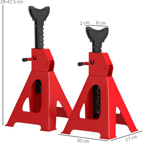 Chandelles réglables pour voitures d'une capacité de 3 tonnes (lot de 2), hauteur 29-42,5 cm, en acier au carbone et en fonte, rouges. (1/5)