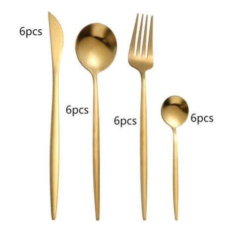 QORVA-set couverts de table 6 personnes dorés, ensemble de couverts inox 24 pièces, Comprend des couteaux/fourchettes/cuillères, fini mat et lavable au lave