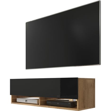 Selsey WANDER - Meuble tv / Banc tv (chêne wotan / noir brillant, 100 cm, éclairage LED) (1/3)