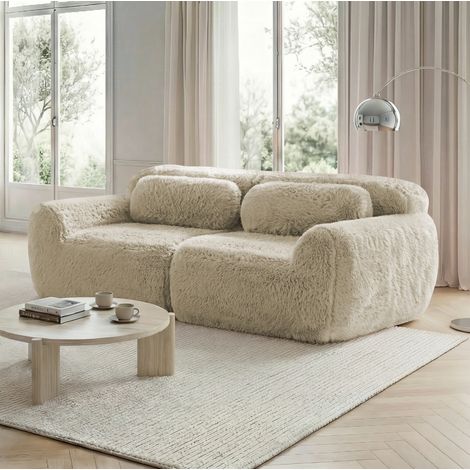 Canapé 2 places en tissu peluche kaki clair, design modulaire sans cadre, avec coussins (1/5)