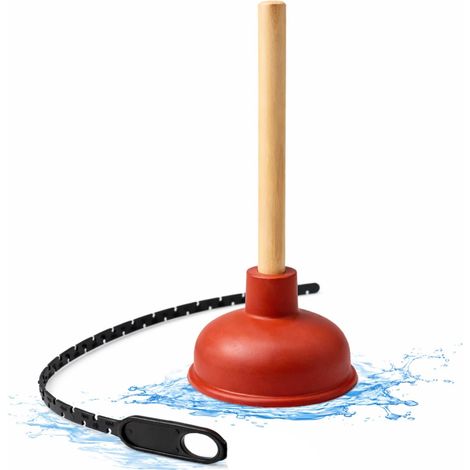 Déboucheur professionnel avec ventouse en caoutchouc 11 cm et manche en bois 23 cm + déboucheur à fermeture éclair 45 cm – Ventouse de vidange pour évier, douche et lavabo (1/5)