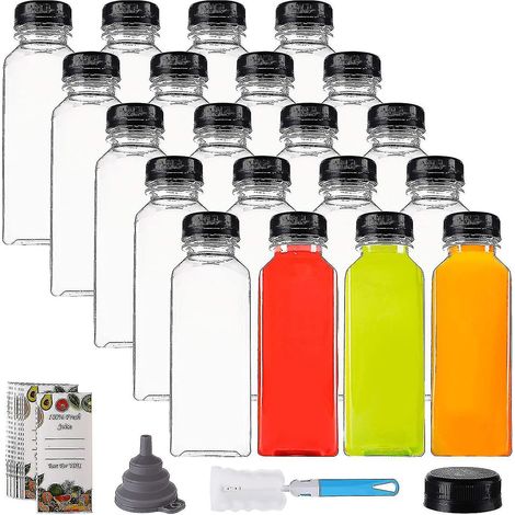 Lot de 20 bouteilles à jus en plastique de 35 cl avec bouchon noir, contenants transparents réutilisables avec couvercles, idéales pour préparer des jus, du lait, des vinaigrettes, etc. (1/5)