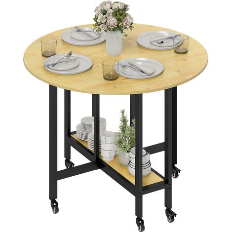 Klappbarer Küchentisch für 4 Personen mit Ablage, 100 x 100 x 75 cm, Eiche, auf Rollen