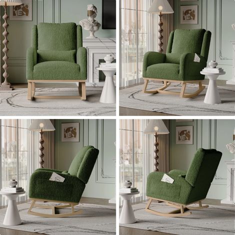 Fauteuil à bascule, design confortable, utilisation polyvalente, 68x93x96 cm, Velours teddy vert (1/2)