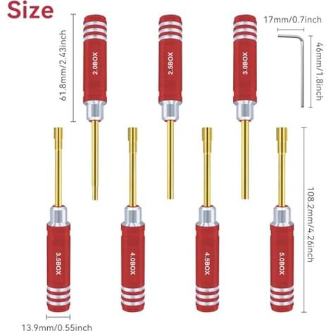 Lot de 7 tournevis hexagonaux 2,0 mm 2,5 mm 3,0 mm 3,5 mm 4,0 mm 4,5 mm 5,0 mm kit d'outils de tournevis pour fixation roue Axial SCX24 pour modèles radiocommandés voitures bateaux hélicoptères rouges (1/3)