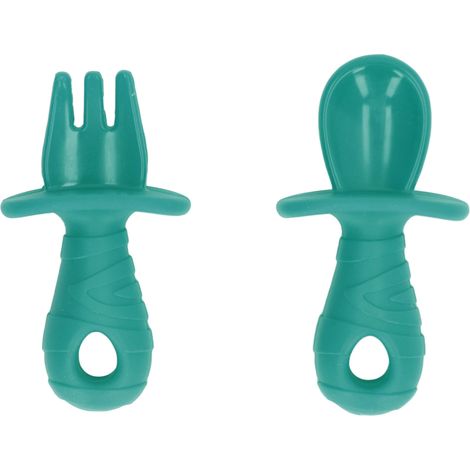 Cuillère en silicone souple de qualité alimentaire pour bébé, avec fourchette, apaisante et sûre, verte, anti-stress, adaptée à l'alimentation infantile (1/5)