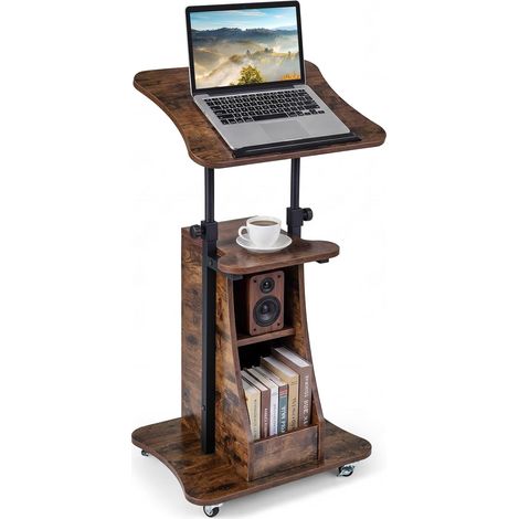 Podium Pupitre Réglable en Hauteur, Bureau de Table Ordinateur Portable, Plateau Inclinable, Étagère & Compartiments, Conférence(Marron Rustique) (1/5)