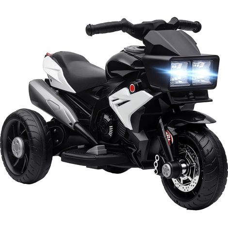Moto noire avec lumières, klaxon, musique et pneus larges, 3 km/h, design enfant sobre pour extérieur pratique et stable