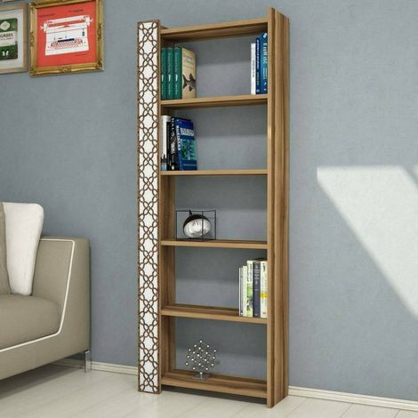 Dmora - Estante para libros Alula, Estante de oficina, Porta libros móvil, Biblioteca, 65x24h170 cm, Nogal y Blanco, con embalaje reforzado (1/4)