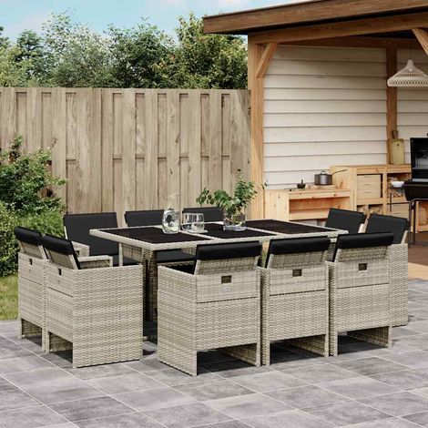 11-tlg. Garten-Essgruppe mit Kissen Hellgrau Poly Rattan (1/5)