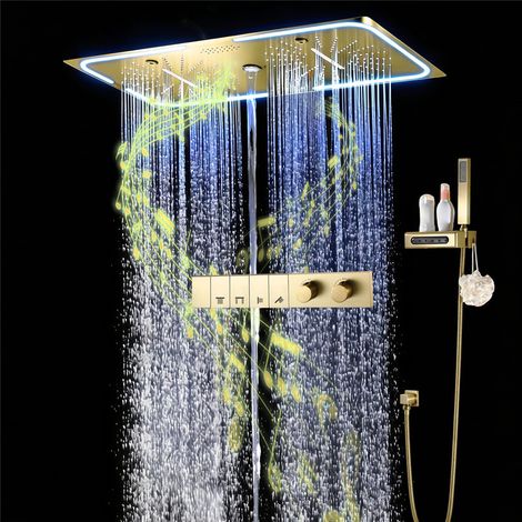 Système de Douche Thermostatique Musical, Ensemble de Douche Encastré  LED 64 Couleurs Bluetooth Colonne Douche avec 700  350mm Douche de tête Jets corporels et robinets de baignoire（Or brossé (1/5)