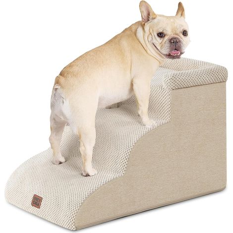 Escalier Chien 3 Marches 35.5cm H, Rampe Chien pour Canapé Lit Mousse Haute Densité, Surface Antidérapante, Housse Amovible et Lavable, Pour Petits Chiens et Chats, Beige (1/5)