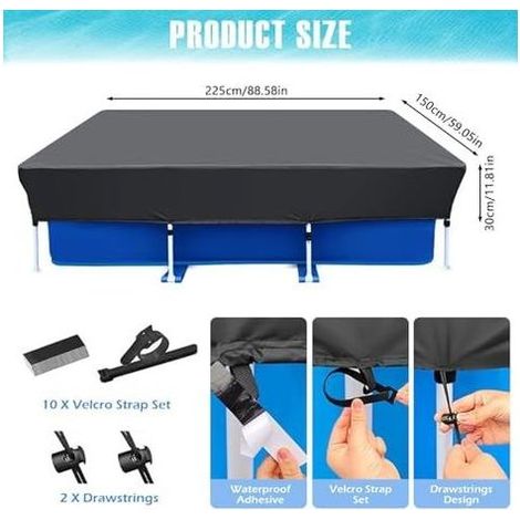 Bâche pour Piscine Rectangulaire - Housse Oxford Coupe-Vent avec Protection UV Piscines Hors-Sol et à Structure Utilisation Été Hiver 225x150x30 CM (1/5)