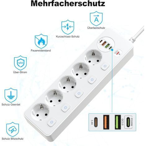 Power Strip 5 Individually Switchable Sockets, Power Strip with 2 USB A and 2 USB C, 5 Sockets with Switch, Wall Mounting with 2 M Extension Cable, PD 20 W, White (1/5)