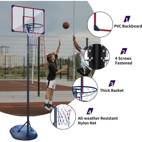 Support de basketball extérieur ajustable 228,6-280,42 cm, à roulettes, anneau amortissant, panneau résistant, rouge imprimé, pour ados et adultes (1/5)