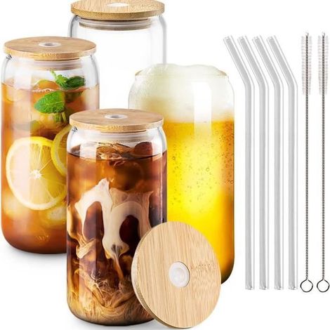 Lot de 4 verres avec couvercles et pailles, verres à cocktail, verres en canette de bière de 500ML (1/4)