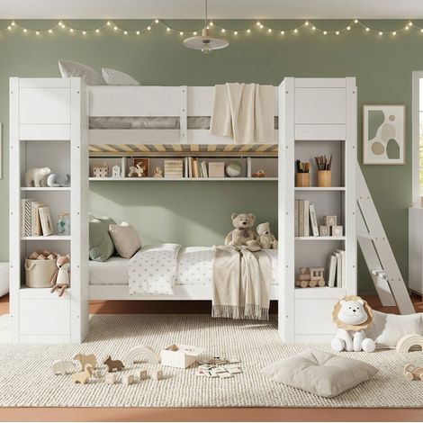 Litera infantil de 90x200 cm con 2 armarios, estante para colgar ropa, escalera reversible, madera blanca. (1/5)