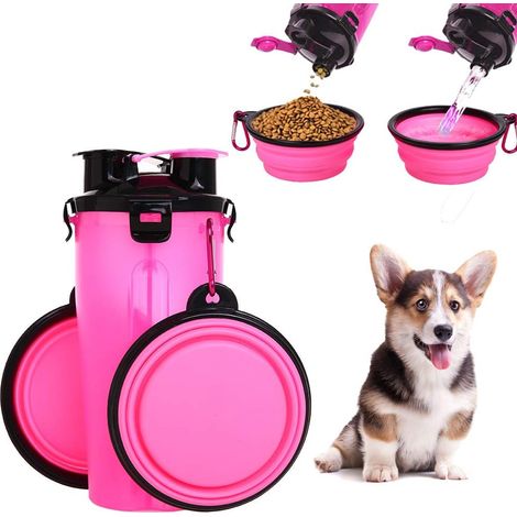 Gourde pour chien 2 en 1 portable et étanche avec 2 gamelles pliables roses (1/5)