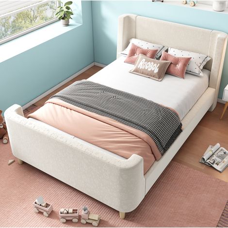 Letto singolo a slitta per bambini in velluto beige 90x200 cm con testiera imbottita e rete a doghe