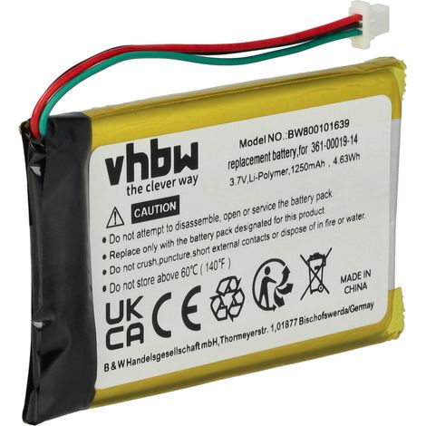 vhbw 1x Battery Replacement for Garmin 361-00019-14 for GPS Navigation System Sat Nav (1250 mAh, 3.7 V, Li-polymer)
