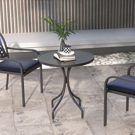 Mesa redonda de jardín con tablero de listones de acero, Ø66x71,5cm, negra.