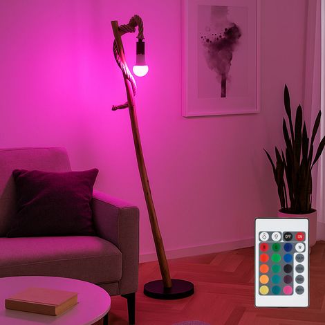Lampada da terra con telecomando lampada da terra dimmerabile in legno nero lampada in legno corda di canapa stile country, metallo marrone, 1x LED RGB 8,5W 806Lm bianco caldo, H 150 cm