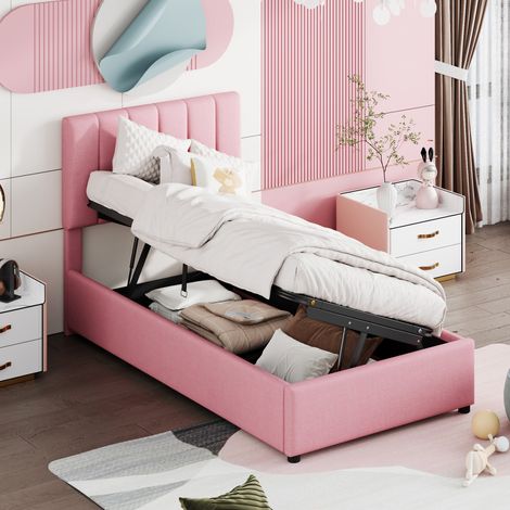 Cama Infantil 90x200 cm Con Almacenamiento Tapizado Lino Suave Rosa (Sin Colchón) (1/5)