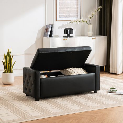 Banco baúl rectángular tapizado en PU, 122 x 45 x 47 cm, negro OKMYHOME (1/5)