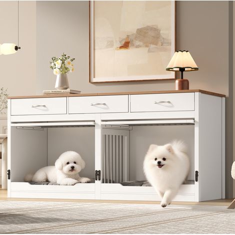 Cage pour chien en MDF et métal, meuble intérieur 2 chiens, 164×60×81 cm, blanc et bois (1/5)