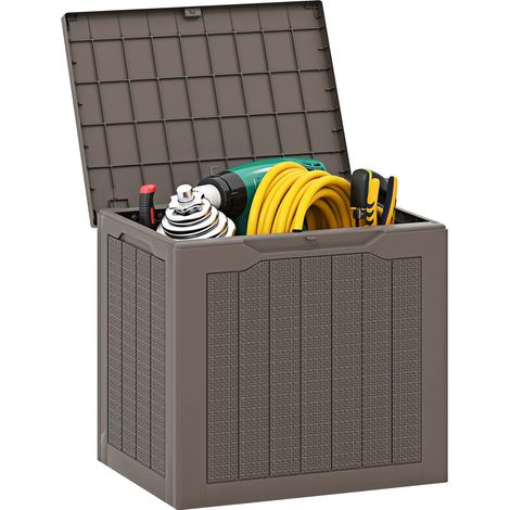 Boîte de rangement extérieure marron 95 L en PP imitation rotin tressé avec couvercle verrouillable pour jardin terrasse et balcon (1/5)