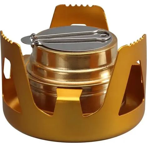 Réchaud à alcool portable miniature, réchaud en laiton robuste avec support et couvercle en aluminium, idéal pour le camping, la randonnée, la chasse et la cuisine en sac à dos. (1/4)