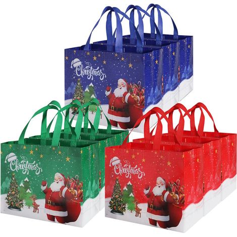 Lot de 9 grands Sacs Cadeaux de Noel Sacs Fourre-Tout de Noel Reutilisables avec Poignee pour Cadeaux, Shopping, Articles de Fete 3 Couleurs 12.8 x 9.8 x 6.7 pouces