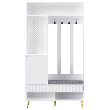 Ensemble entrée blanc banc chaussures 4 patères tiroirs 100×35×180 cm