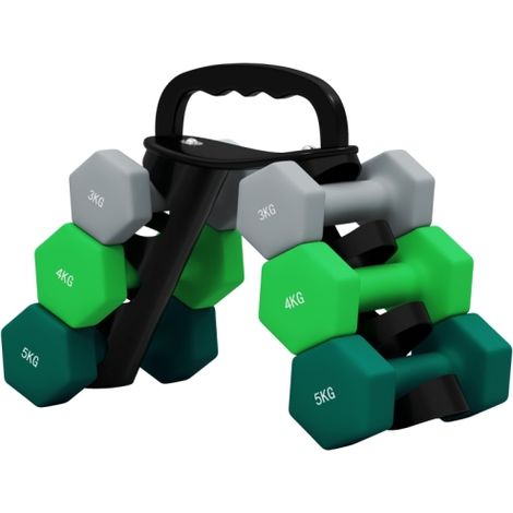 Set di manubri: 2 x 3 kg, 2 x 4 kg, 2 x 5 kg, set di manubri con supporti, set di manubri esagonali, per allenamento di forza, allenamenti in palestra a casa, grigio + verde + turchese. (1/5)