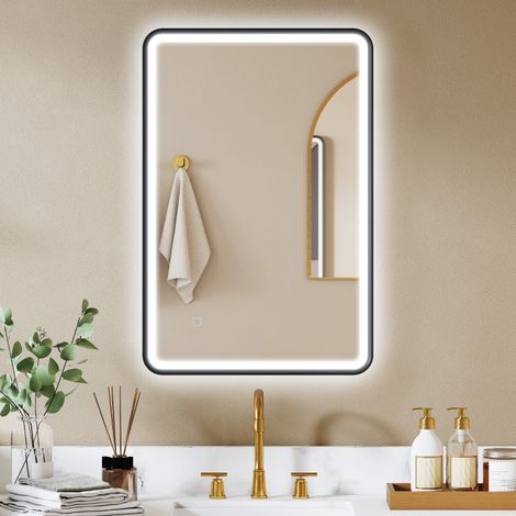 Specchio led bagno 90x60 cm, 3 colori luce, dimmerabile, antiappannamento, vetro temperato, nero (1/5)
