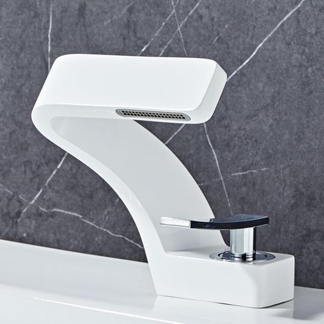 White and chrome washbasin tap, single-handle waterfall mixer tap for modern bathroom (1/5)