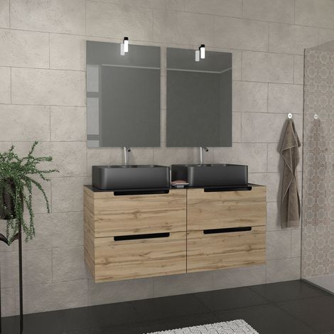 Mueble de baño 120cm Roble y negro -Lavabos rectangulares -Espejos apliques