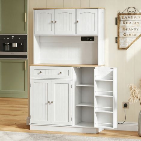 Buffet haut cuisine, armoire de cuisine, station de charge, 6 portes, plan de travail, porte-épices, 100x40x173cm, blanc (1/5)