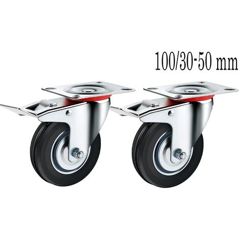 Ruota Carrello Girevole Freno 100mm Coppia Piastra Rotante Carico Pesante Gomma (1/5)