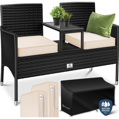 KESSER® Banc de jardin polyrotin, 2 places, 133 x 55 x 84 cm - Noir / beige (1/5)