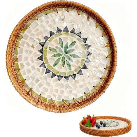 Plateau Rond En Rotin, Plateau De Service Tissé En Rotin, Plateau De Service De Décoration Moderne Et Bohème, Assiettes Décoratives Tissées À La Main Pour Table Basse De Salle (Bohême) (1/5)